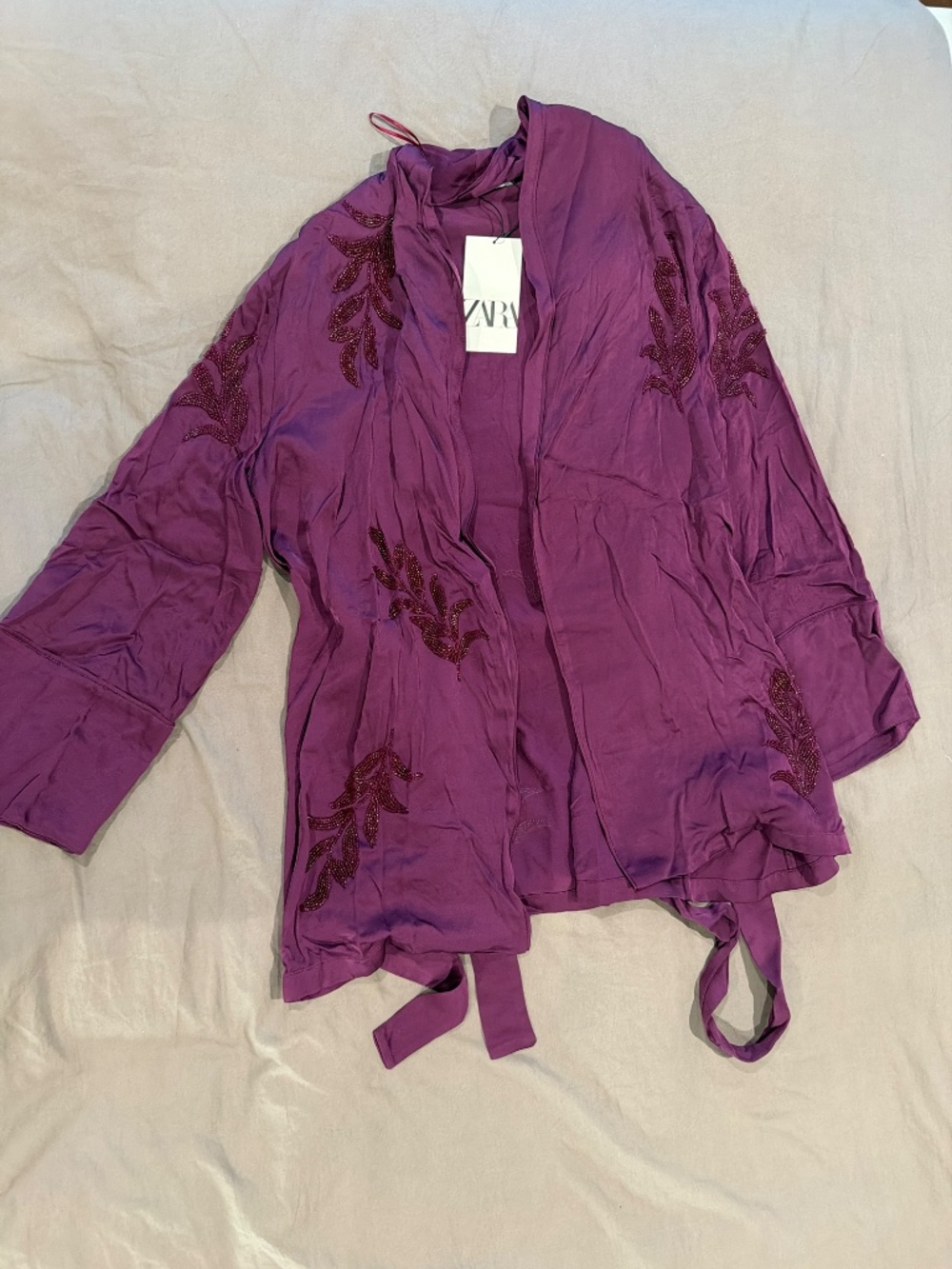 ZARA Embellished Belted Blazer & Pants Set | Plum | Beaded | NWT | Size M - Picture 6 of 7
